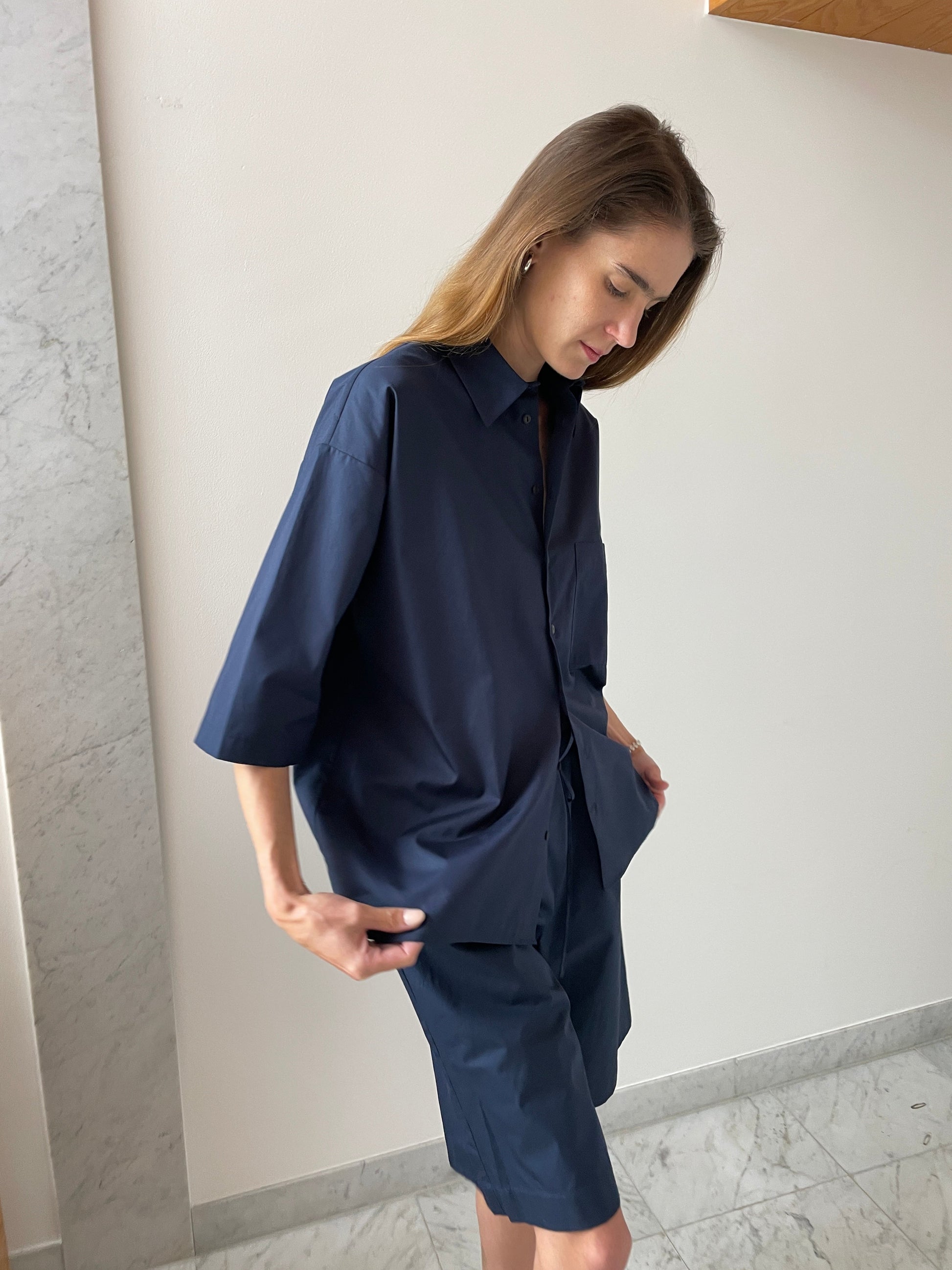 Oversized Short Sleeve Shirt, Navy BAMBOU ROGER KWONG