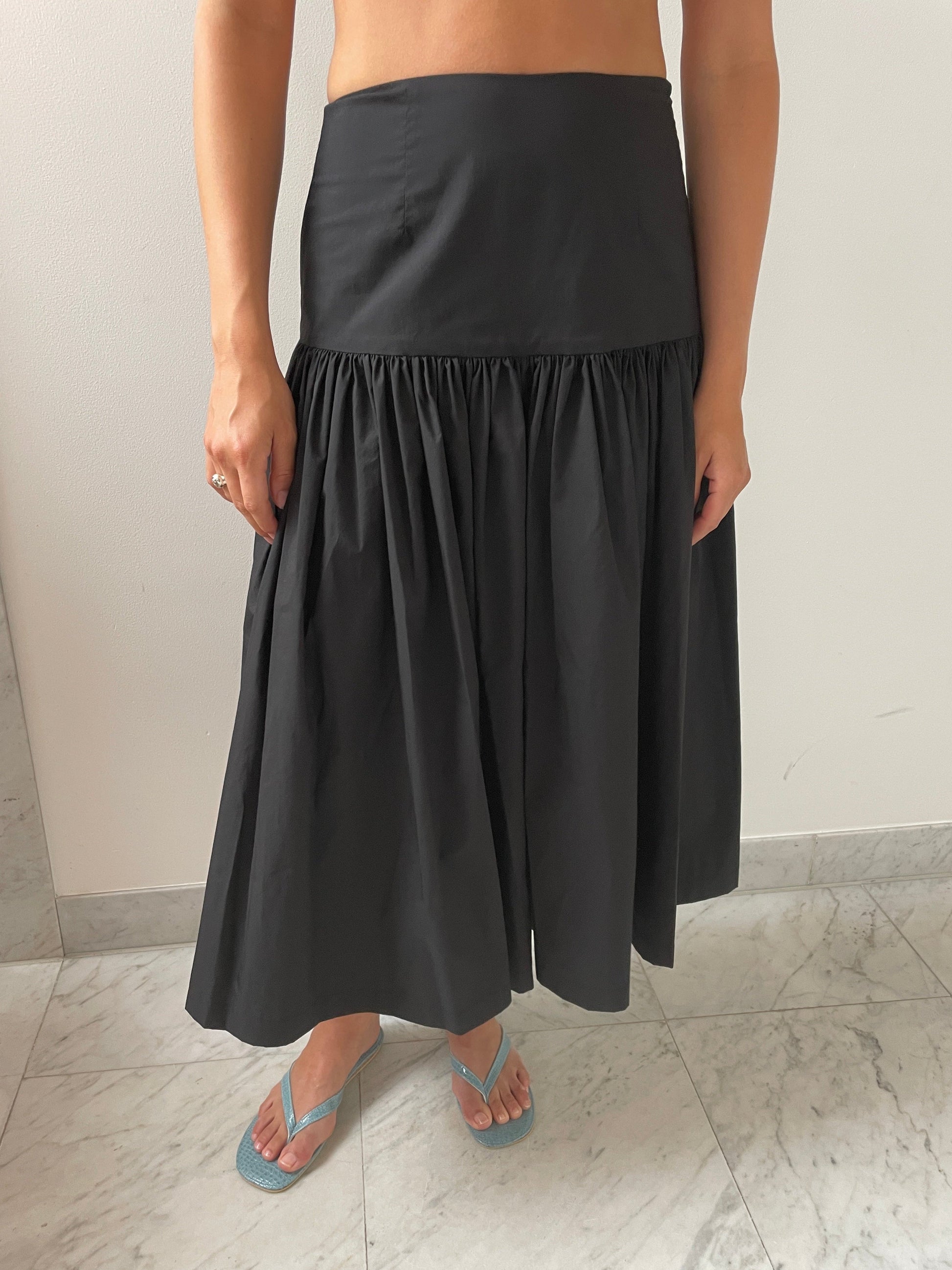 Shirring Culotte Pants, Black Amomento