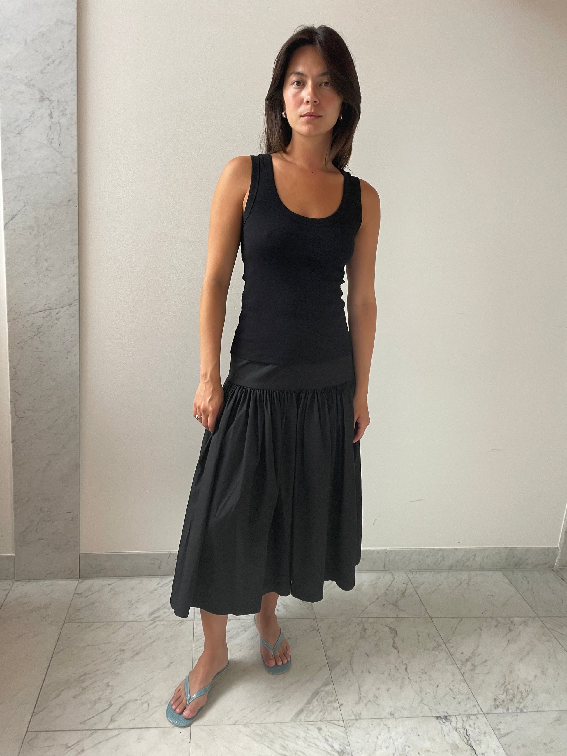 Shirring Culotte Pants, Black Amomento