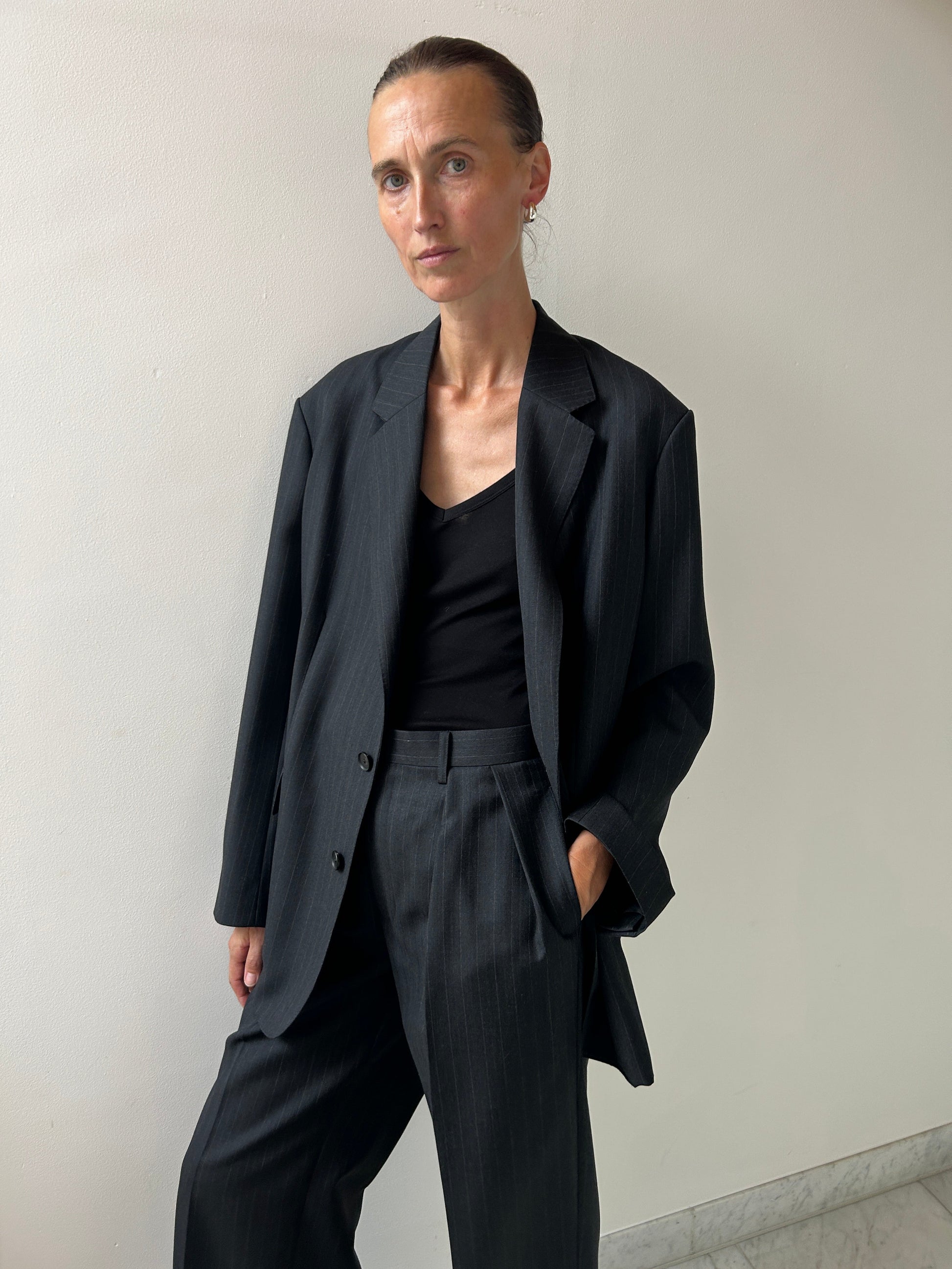 Bluefaced Wool Jacket, Charcoal Navy Stripe Auralee