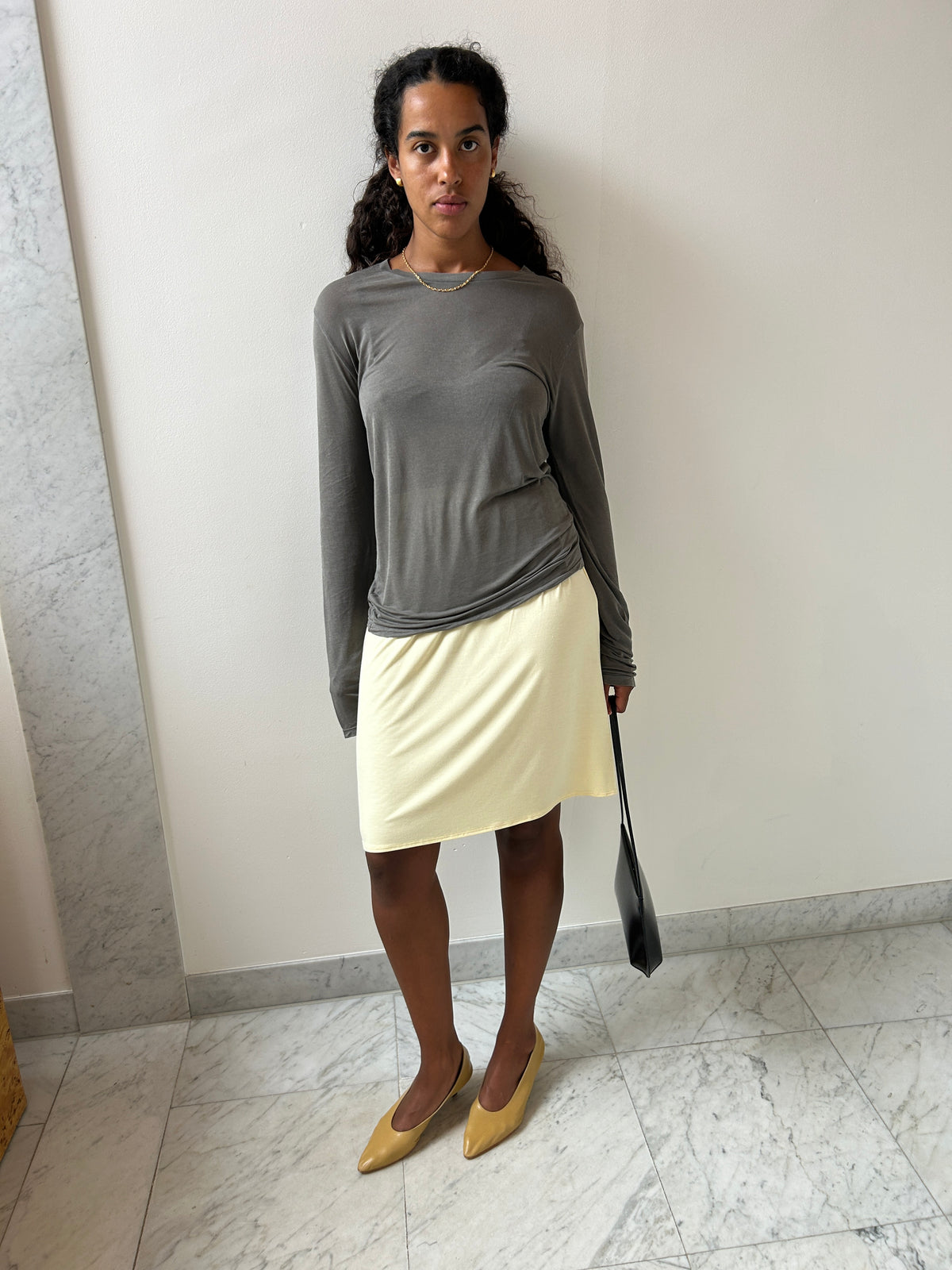 Look with Baserange Long Sleeve Tee, Gilda Grey, Kye Intimates Recline Skirt, Limoncello, Martiniano After Party, Twine