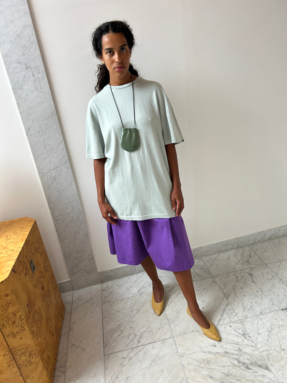 Look with Extreme Cashmere Rik, Glass, Pien Studios Bean Bag, Ivy, Brooke Callahan Tie Skirt, Purple