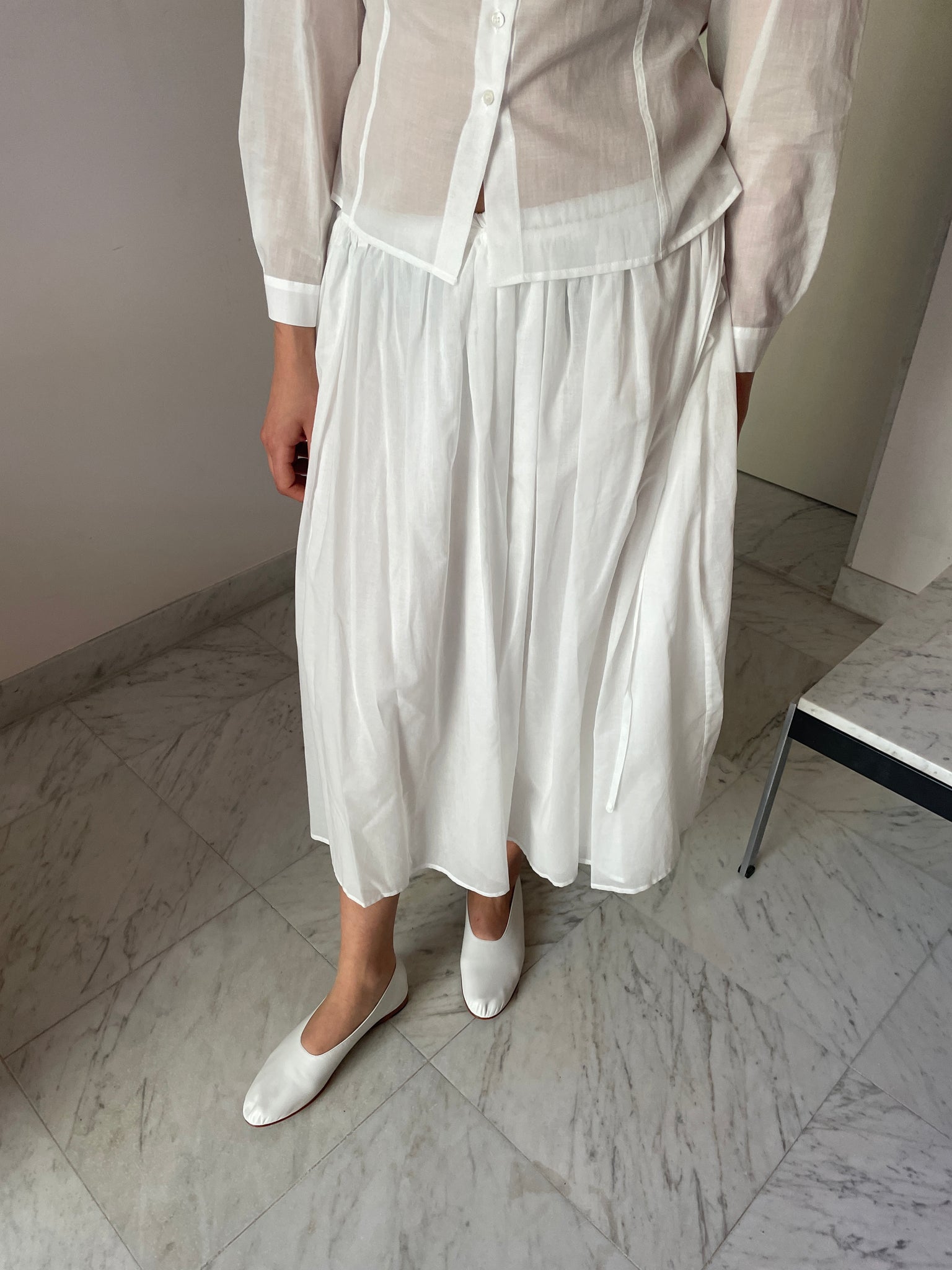 Drawstring Sheer Shirring Skirt, White