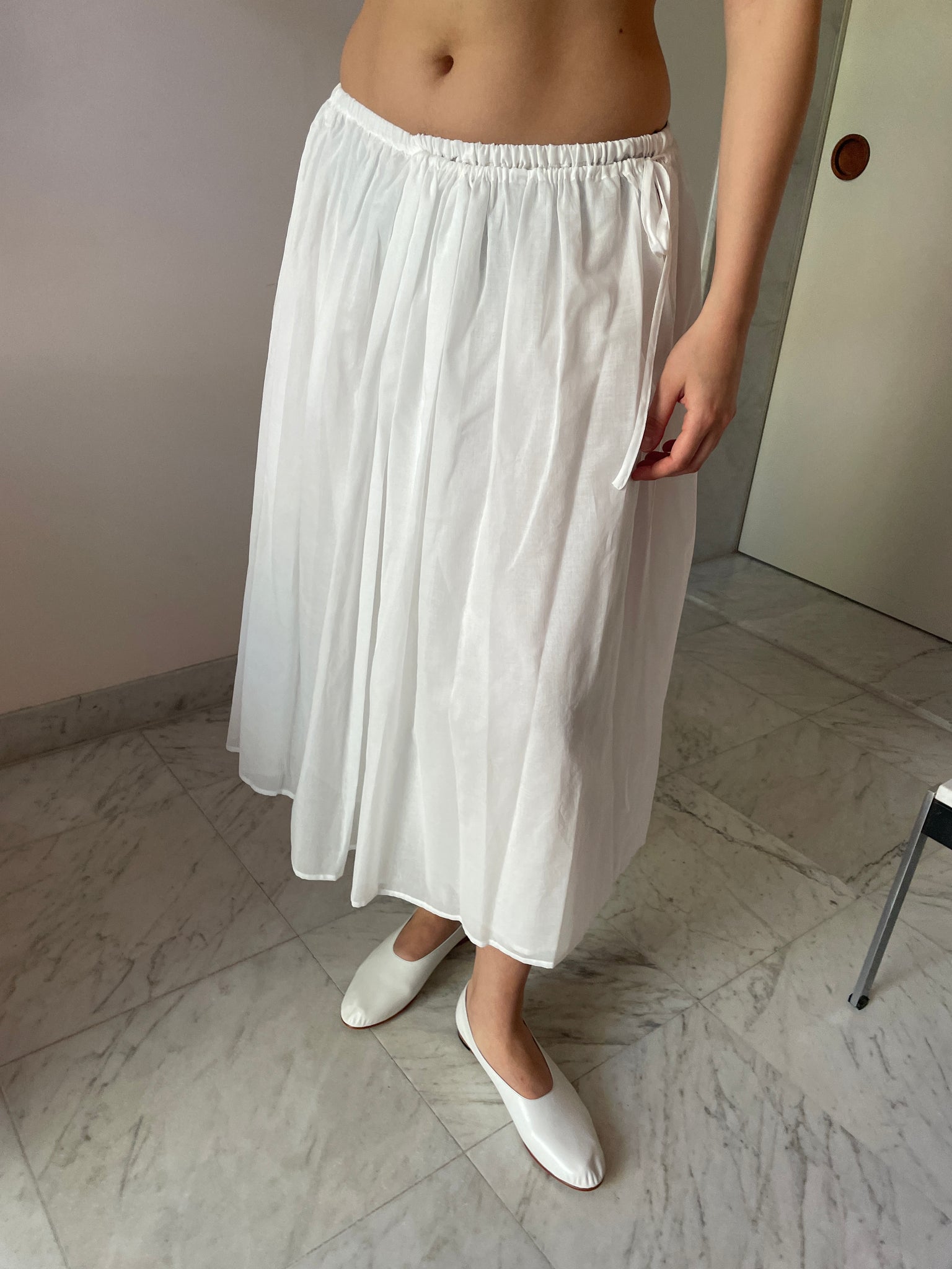 Drawstring Sheer Shirring Skirt, White