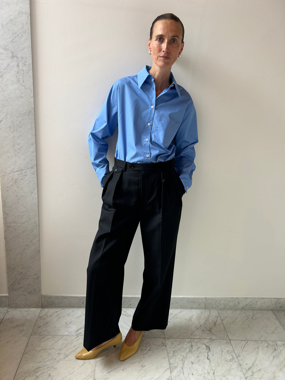 Look with CARMEN House Shirt, Blue, Auralee Bluefaced Wool Two-Tuck Slacks, Charcoal Navy Stripe, Martiniano After Party, Twine