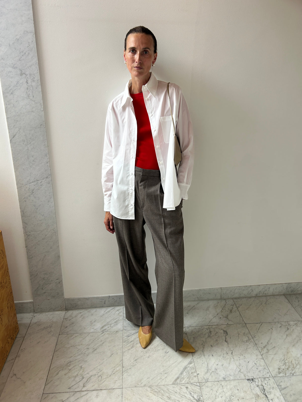 Look with Flore Flore Max Tee, Apple, CARMEN House Shirt, White, Auralee Light Wool Two-Tuck Slacks, Top Brown