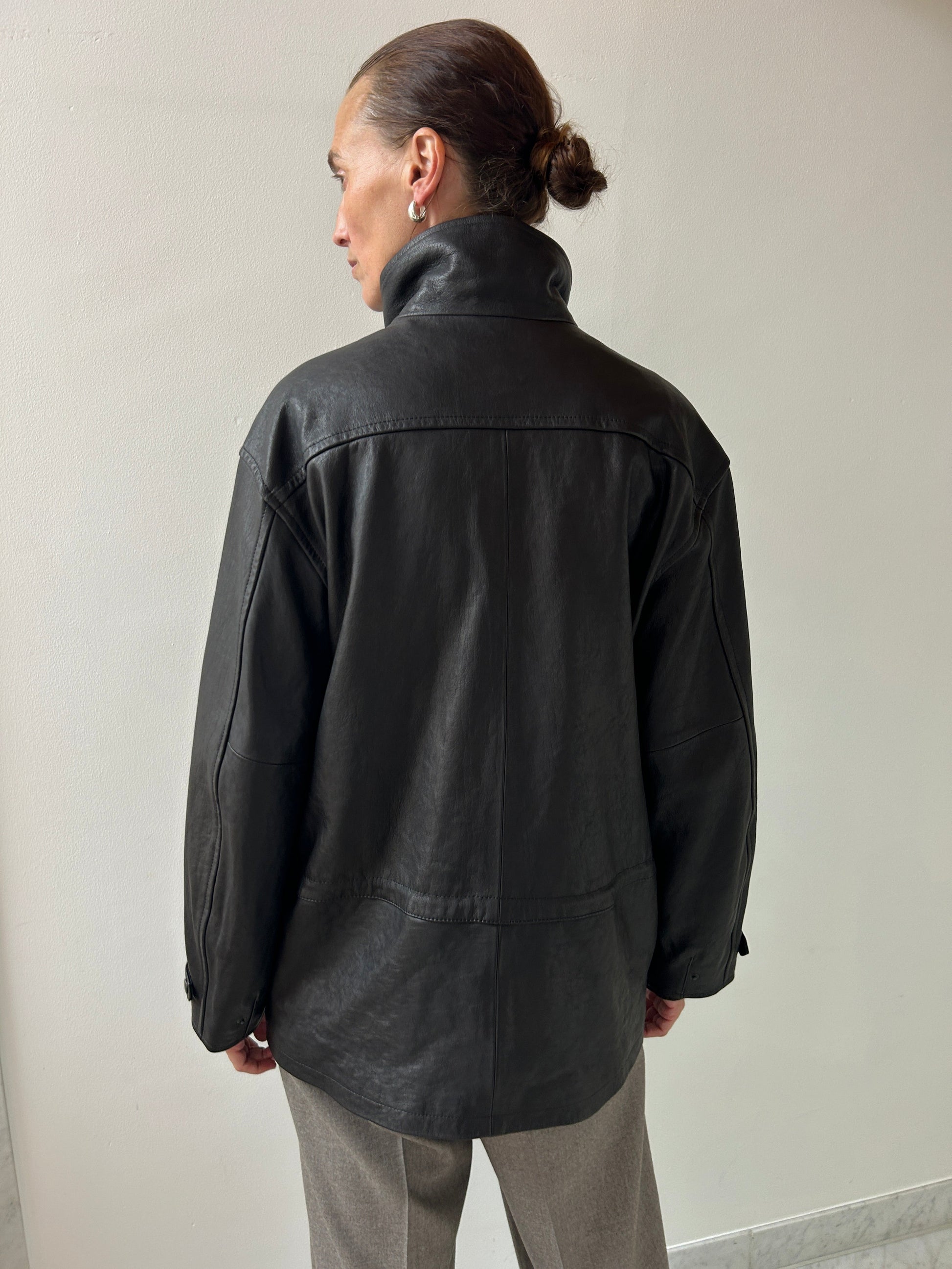 Textured Lamb Leather Blouson, Black Auralee