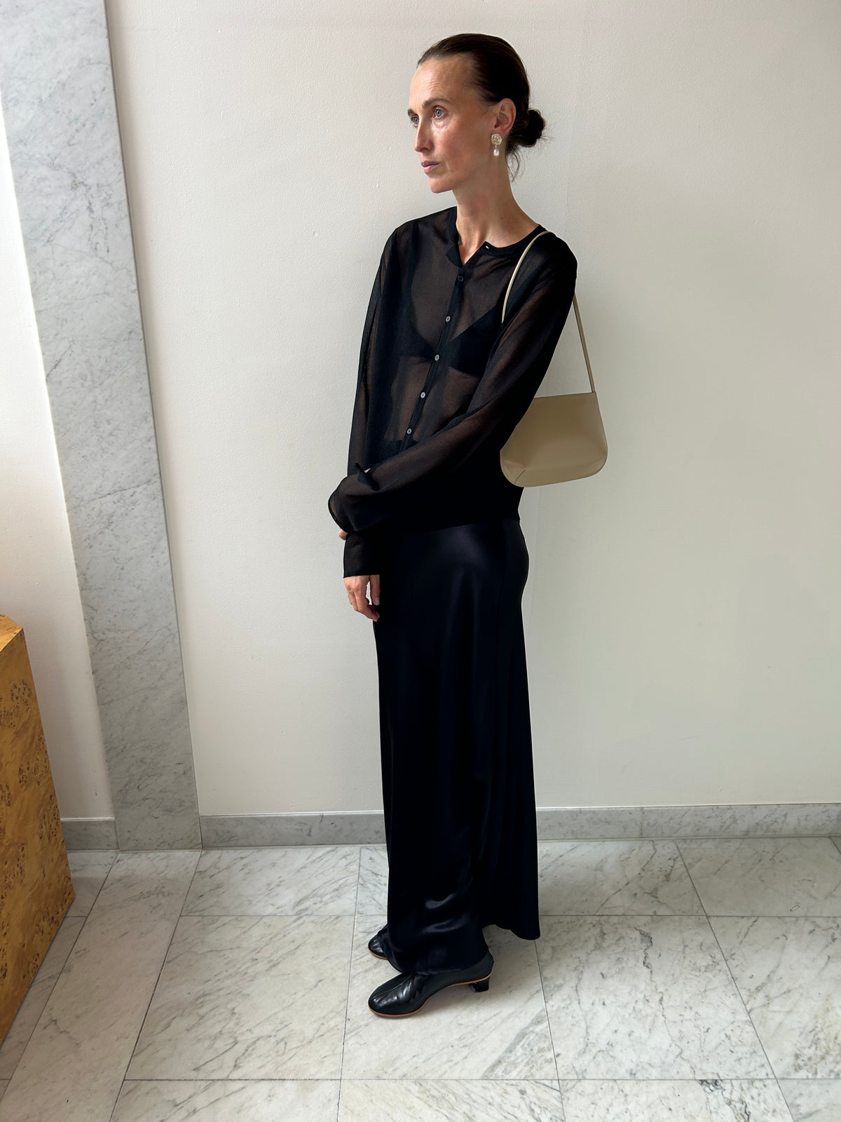 Look with Auralee Sheer Silk Knit Cardigan, Black, Fane Bra, Latte, Baserange Dydine Silk Skirt, Black
