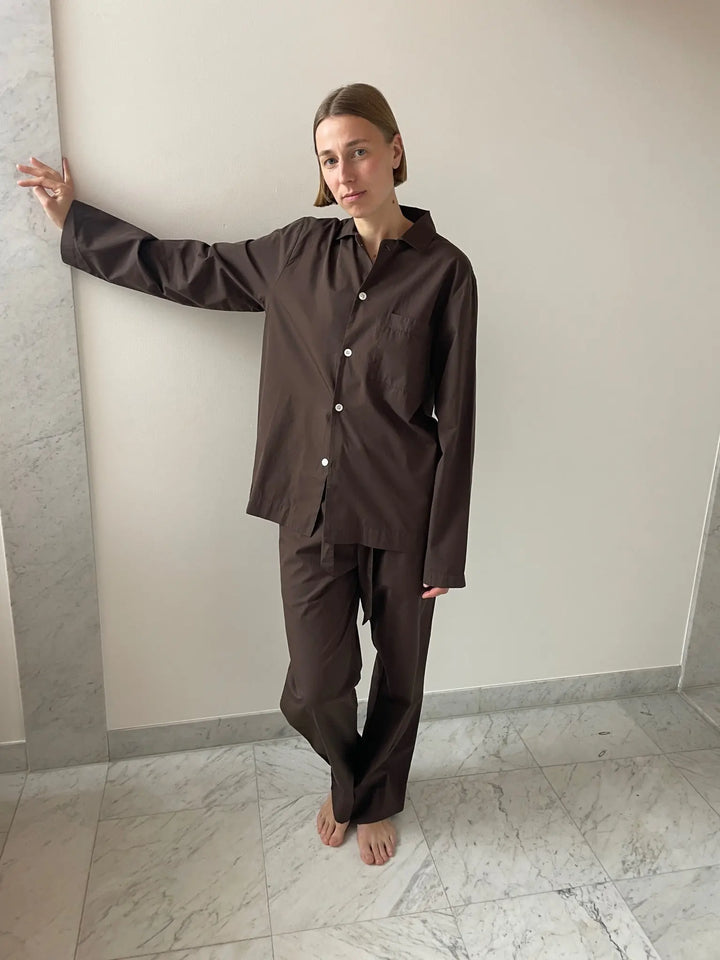 Long-sleeved Pyjama Shirt, Coffee TEKLA