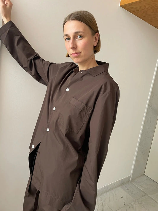 Long-sleeved Pyjama Shirt, Coffee TEKLA