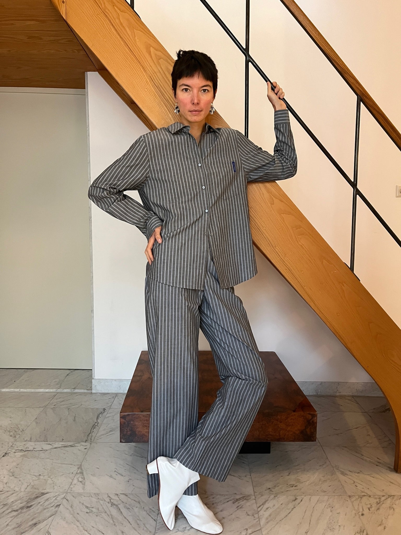 Kimoto Pinstriped Pants, Melange Grey