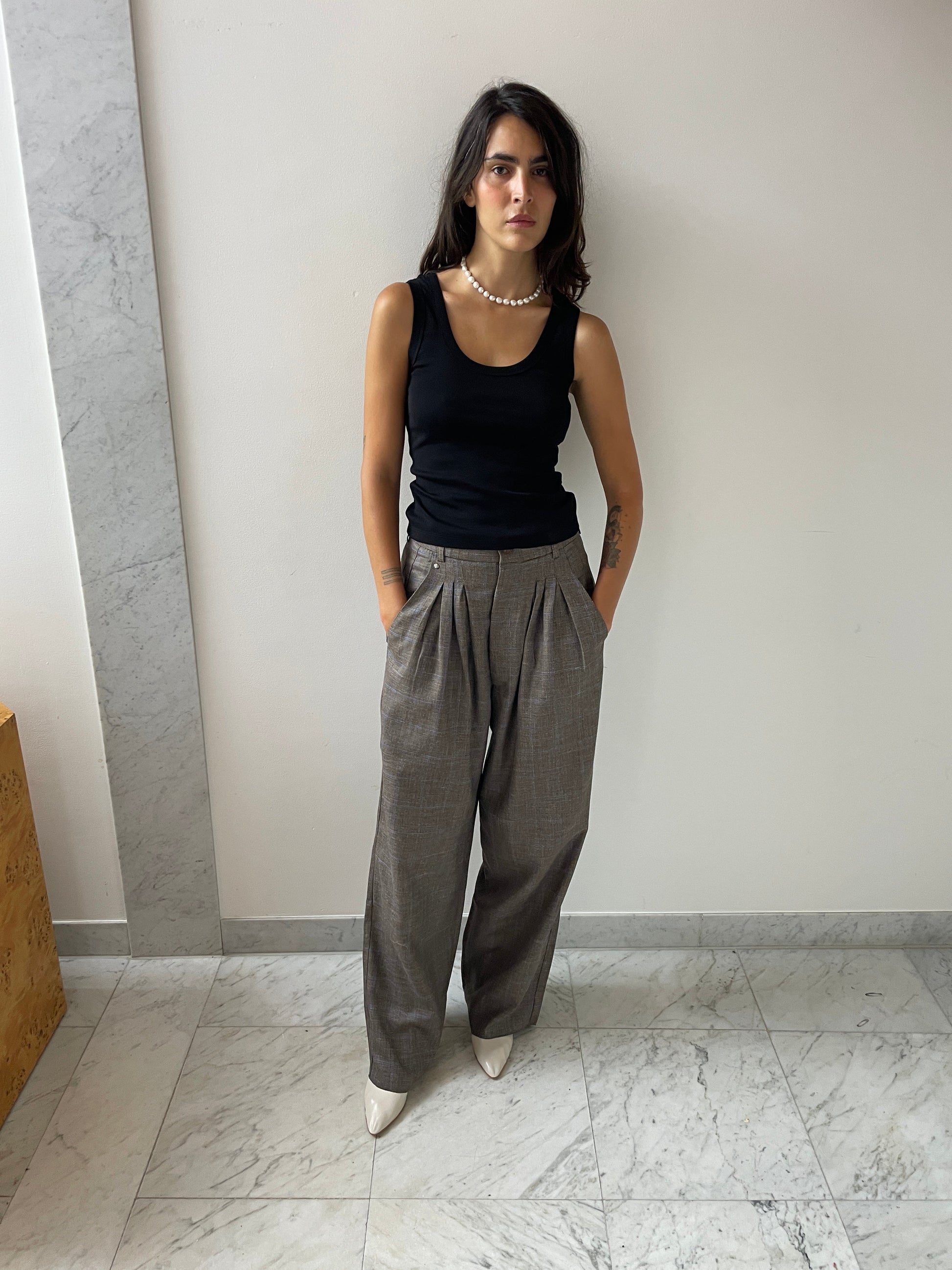 Ultrawidepleated Pants, Grey Blue Checks BLESS