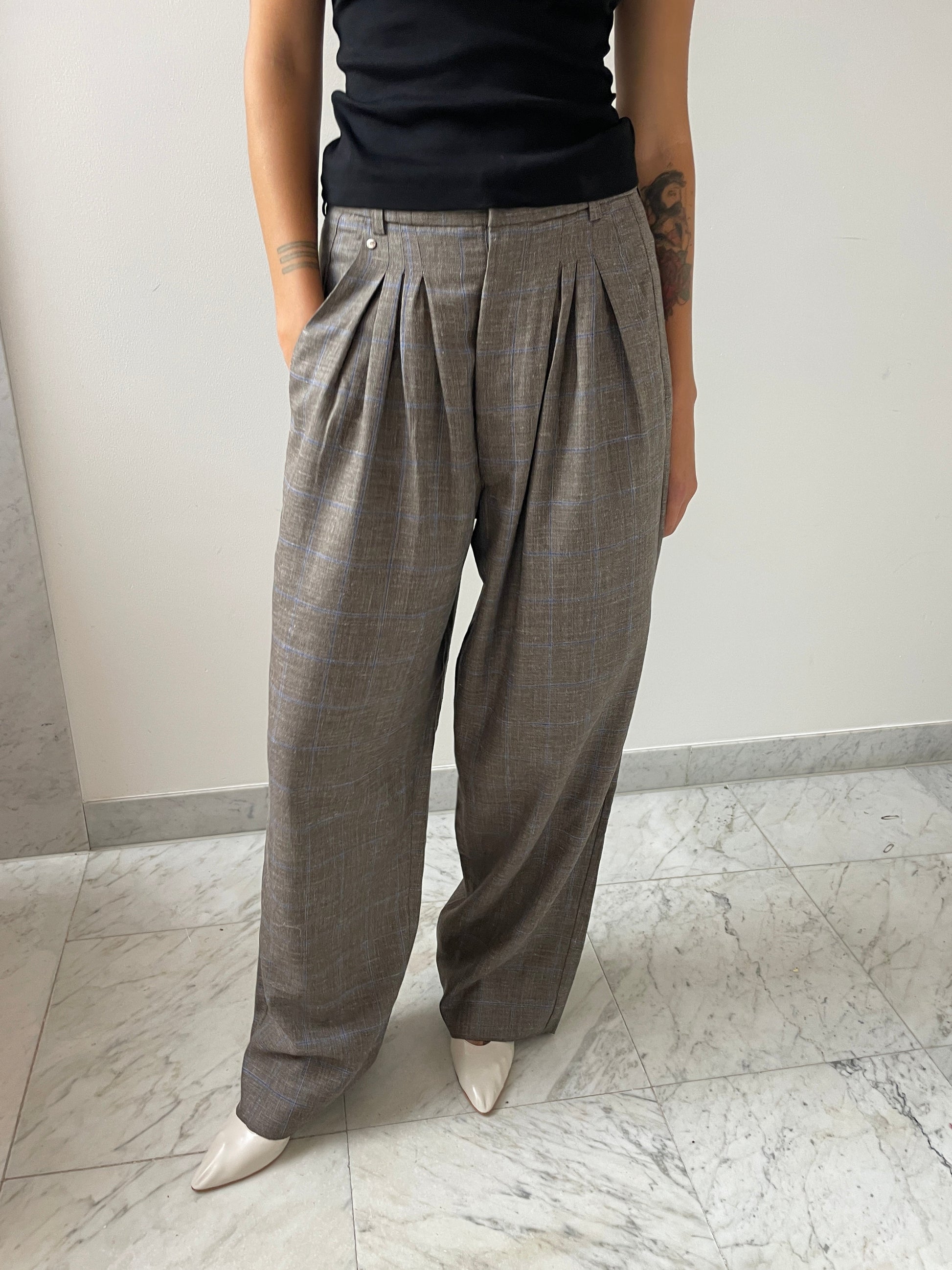 Ultrawidepleated Pants, Grey Blue Checks BLESS