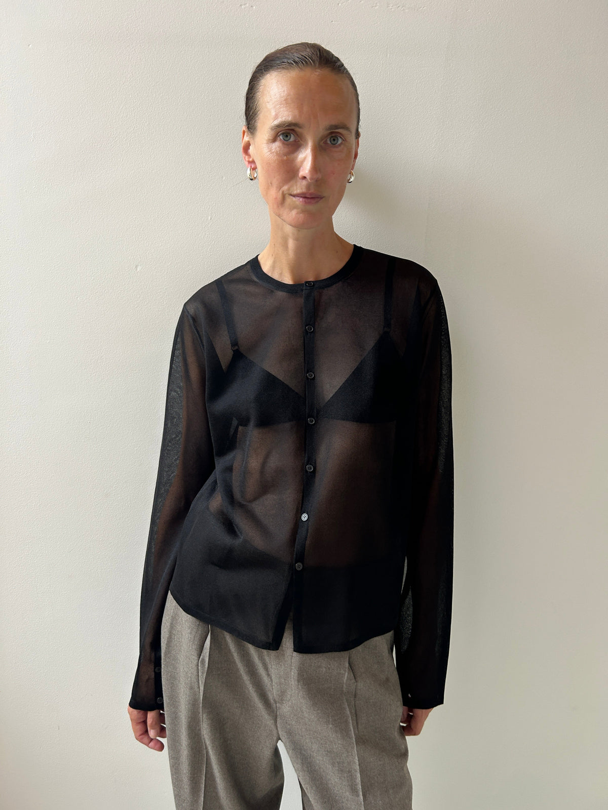 Sheer Silk Knit Cardigan, Black Auralee