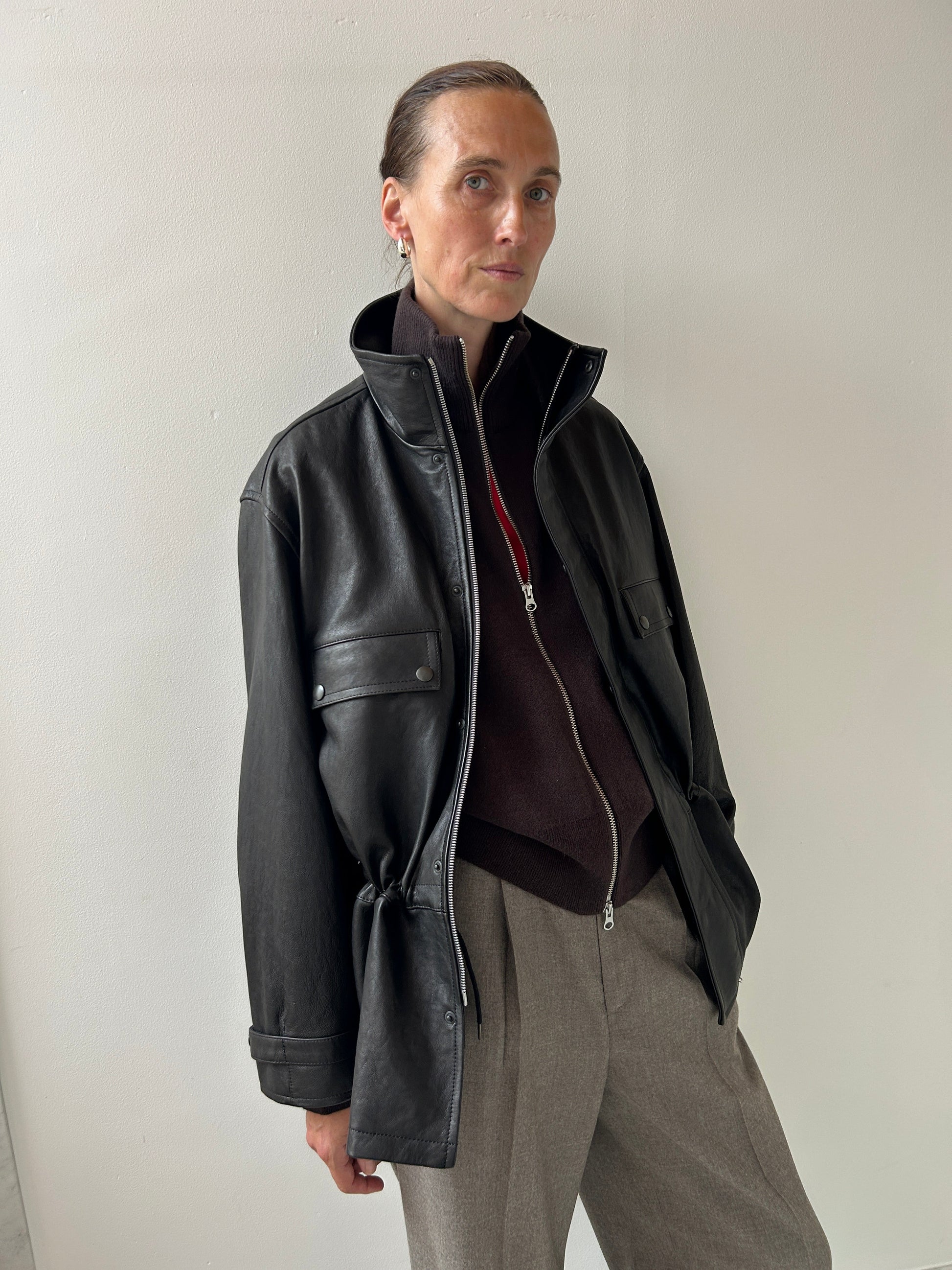 Textured Lamb Leather Blouson, Black Auralee